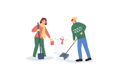 Couple building snowman flat color vector faceless characters