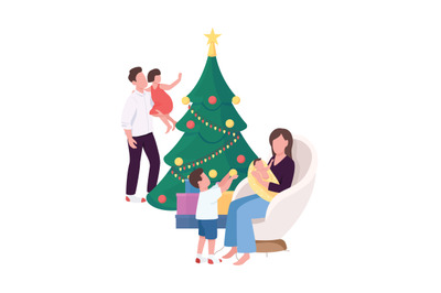 Family near Christmas tree at home flat color characters