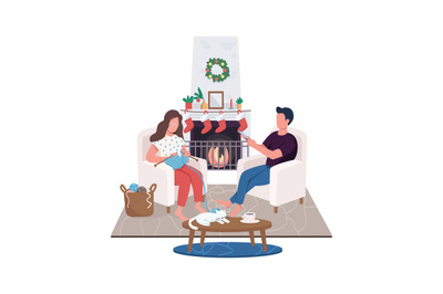 Couple at home fireplace flat color vector faceless characters