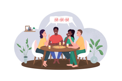Friends meeting over pizza flat color vector detailed characters