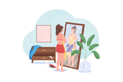 Woman choosing clothes flat color vector faceless character