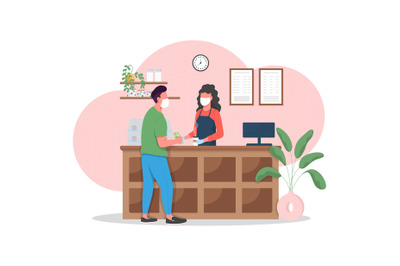 Man and woman in mask in coffeeshop flat color vector faceless charact