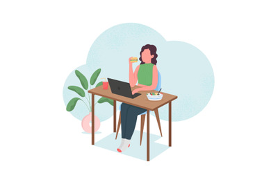 Woman eating at computer desk flat color vector faceless character