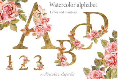 Boho roses and Gold alphabet clipart