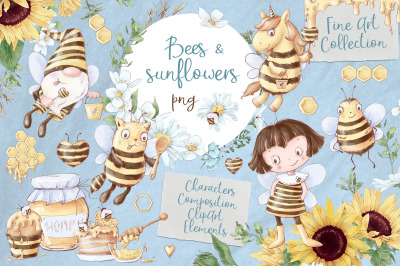 Bees and Sunflowers Digital clipart.