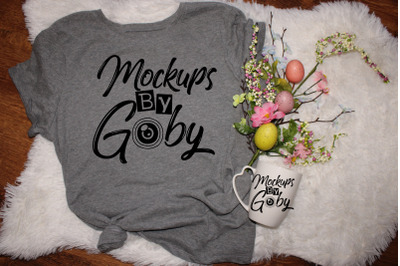 Easter Mockup&2C; Spring Template&2C; White Mug Mock Ups&2C; Gray T-shirt Mock