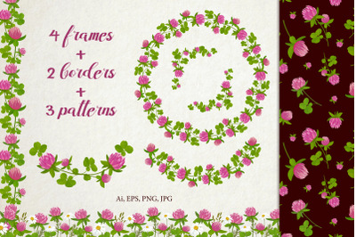 Set of frames, borders and patterns with pink clover