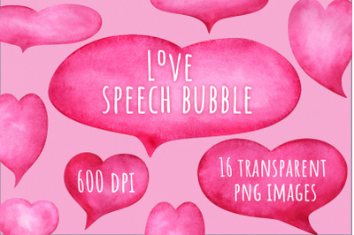 Love speech bubble. Set of pink hearts watercolor clip art