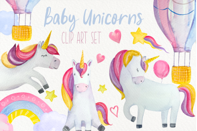 Baby Unicorns Watercolor Clip Art Set