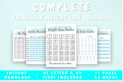 Blue Printable Weight Loss Journal - 17 Pages