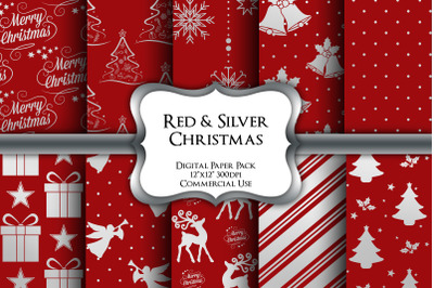 Red &amp; Silver Christmas Digital Paper Pack