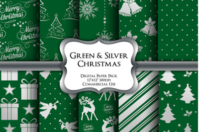 Green &amp; Silver Christmas Digital Paper Pack