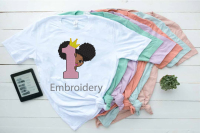 Embroidery Peekaboo girl with puff afro ponytails Afro Birthday Girl