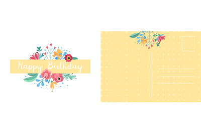 Happy birthday postcard. Holiday card with bright leaves branches and