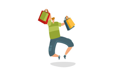 Jumping customer with shopping bags. Shopaholic male character with pa