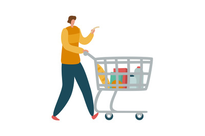 Man shopper with shopping cart. Male character with trolley full of pr