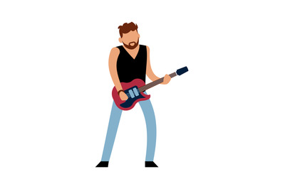 Rock or pop musician. Cartoon male guitarist character in jeans with r