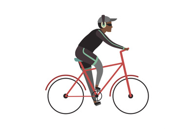 Sport man on bicycle. Cyclist african guy rides on bike in headphones,