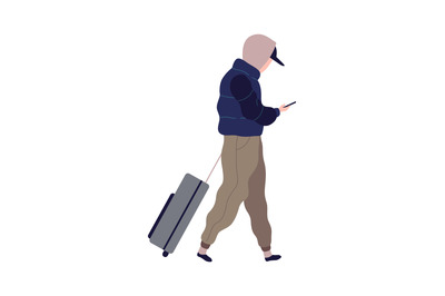 Traveling man with suitcase. Cartoon male character in airport termina