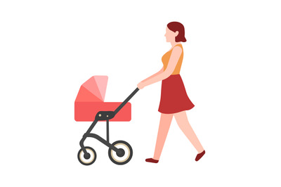 Woman walking with stroller. Young female character in summer casual d