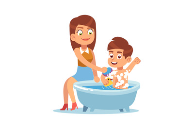 Daily mother. Mom bathes the child, mother helps boy take water treatm