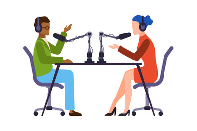 Journalists or newscaster. Man and woman talk live, podcast or broadca