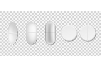 Tablets set. Vector realistic white medical pill and capsule various f