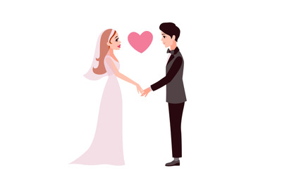 Bride and groom. Cartoon happy romantic couple hold hands, young wife