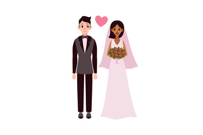 Bride and groom. Happy romantic multiethnic couple standing on wedding