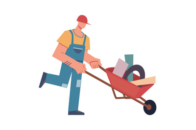 Builder with tools and professional equipment. Cartoon male character