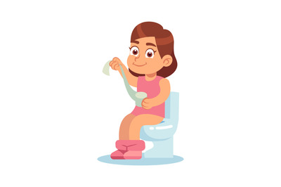 Girl in the toilet. Cute little baby sitting on potty with paper roll,