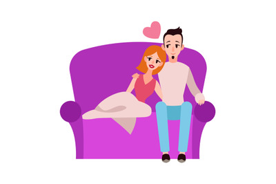 Hugging couple at home. Man and woman sitting on sofa, happy wife and