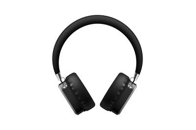 Music earphones. Realistic black stereo audio headphone, electronic pe