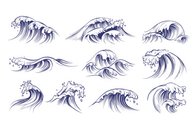 Ocean hand drawn waves. Sketch style sea storm blue water, curly foamy