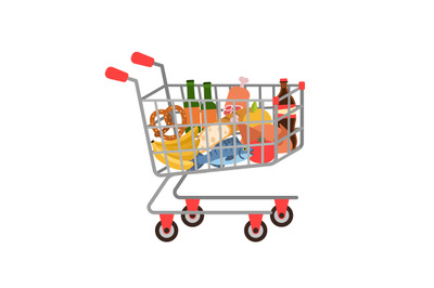 Shopping cart. Full grocery trolley fruits and vegetables, bread and m