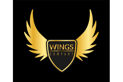 Golden wing logo. Eagle or angel flying wings with gold shield, sport