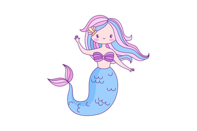 Mermaid flat cartoon little character. Underwater princess with fish t