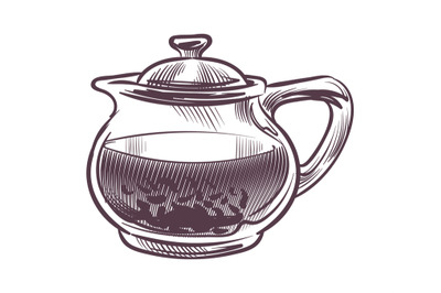 Sketch tea kettle. Hand drawn transparent glass teapot with leaves and