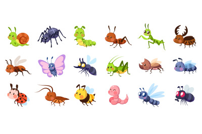 Cute cartoon insects. Funny little insect characters set baby snail&2C; s