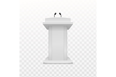 Debate speaker podium. Realistic white tribune with microphone front v