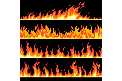 Fire flame seamless pattern set. Bright cartoon endless frames and bor