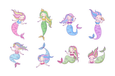 Mermaids cartoon set. Cute underwater princesses with fish tails swimm