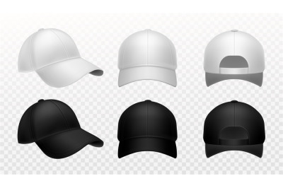 Baseball cap. Realistic black and white hat mockup&2C; front side and bac