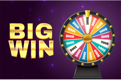 Big win banner. Realistic lottery wheel. Twisting circle for raffling