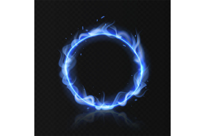 Blue fire ring. Realistic burning circle. Round fiery shape with hole