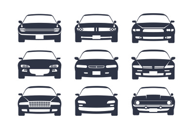 Car black silhouette. Cars front view icon set&2C; vehicle monochrome moc