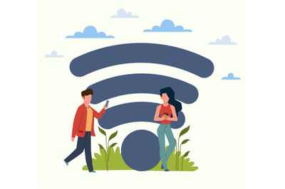 Free internet zone. Man and woman using smartphones outdoors&2C; wi-fi ho