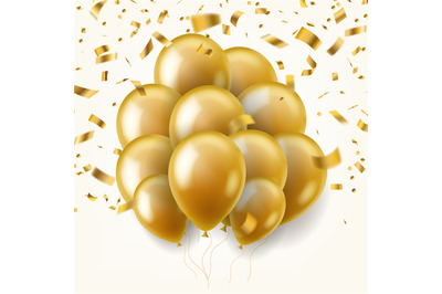 Golden balloons with falling gold ribbons. Realistic shiny festive dec