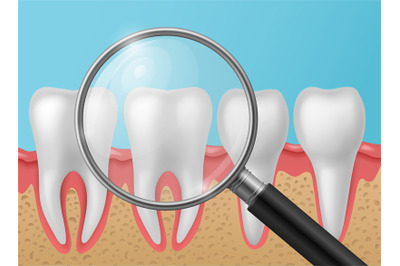 Healthy teeth with magnifying glass. Realistic white shining human too