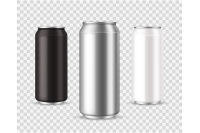 Metallic cans. Realistic black&2C; silver and white tin mockup&2C; front vie